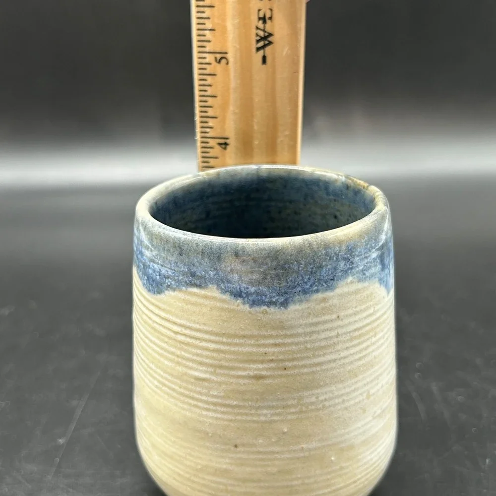 Signed Eugene Deutch Studio Art Pottery 4 Cups Vase Cream & Blue Glaze Drip MCM